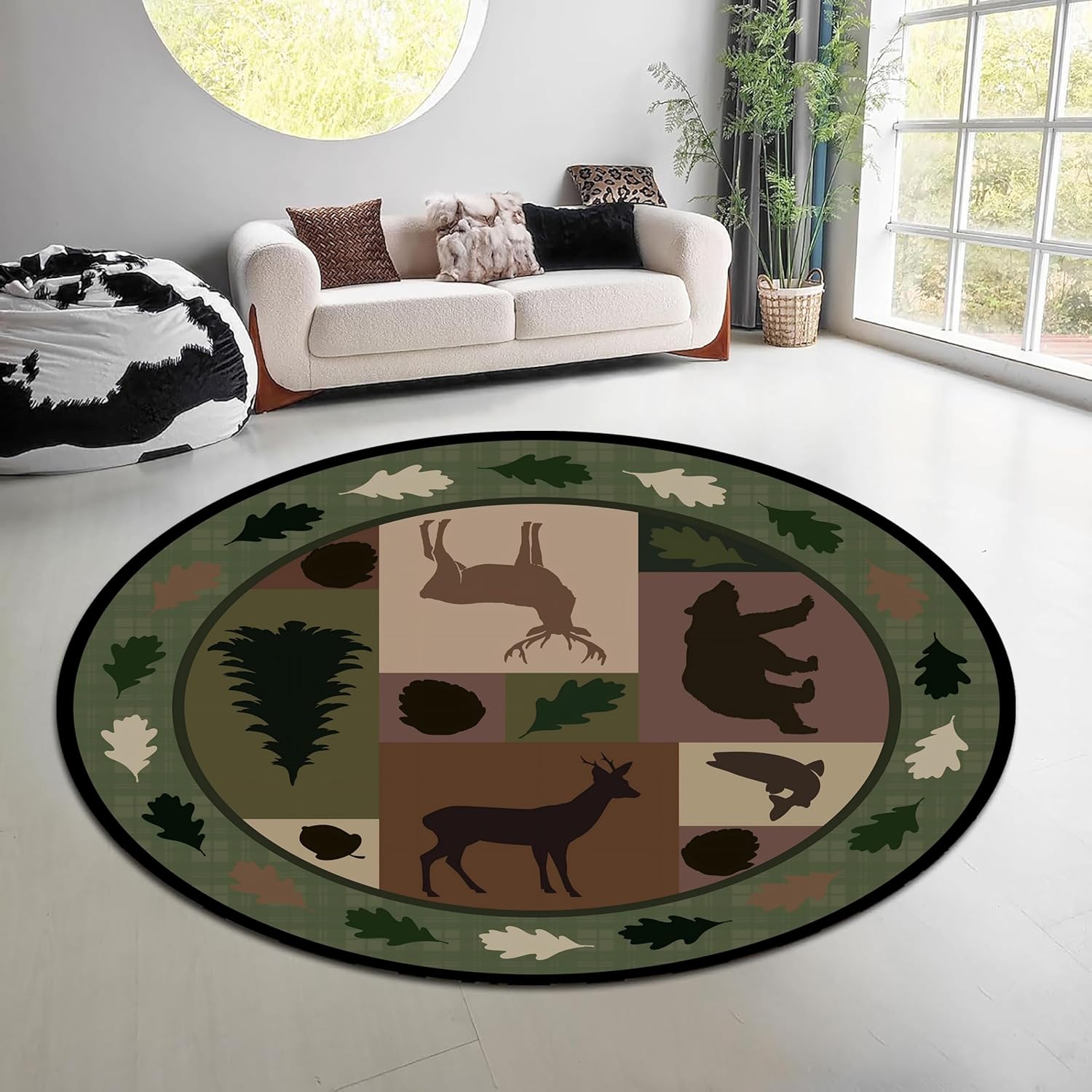 Hunting Outdoor Rug - Tapis rond vintage motif forêt naturelle,